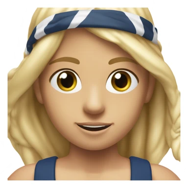A girl with long blonde hair with wide shoulders wearing a Great Britain rowing swimming suit and has small muscles and add a necklace that has a sea shell pendant on it. She must have a  necklace around the neck and the pendant is on her chest sticker