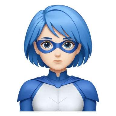Close-up emoji of a friendly woman with blue hair (no mask on the face), wearing a minimalist blue and white superhero suit with broad shoulders. The suit has a large blank area on the chest for a logo, uses only blue and white colors, and has minimal details.  sticker