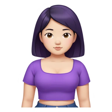 a girl that is asian, chubby, has black waist length hair, and cool tone skin with purple square neck shirt. make it torso length  sticker