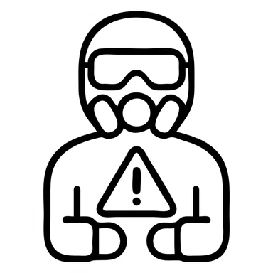 warning sign with a yellow triangle, inside a figure wearing chemical-resistant PPE including goggles, gloves, and a respirator mask, emphasizing hazard awareness sticker