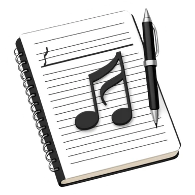 Minimalistic flat vector icon, iOS style, thin black contour on white background. Small notebook with a musical note on the cover, a pen placed next to it. Clean, modern, no text, no shadows. sticker
