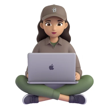 A professional 3D avatar of a young woman with olive skin and long, dark brown hair, wearing a dark, long-sleeved dark taupe shirt and a black baseball cap. She's sitting at a sleek wooden desk, typing on a silver MacBook. sticker