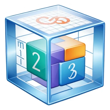 An icon featuring a transparent cube with geometric sections and mathematical calculations, symbolizing the study of mathematics. The design includes algebraic formulas, graphs, and mathematical symbols, representing advanced mathematical concepts and problem-solving. Transparent background sticker