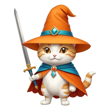 A charming cartoon-style cat wearing a wide-brimmed hat with a feather, a stylish cape, and tall boots, standing confidently with a playful smirk, holding a small sword. Bright, vibrant colors, simple and expressive design, perfect for an emoji. sticker