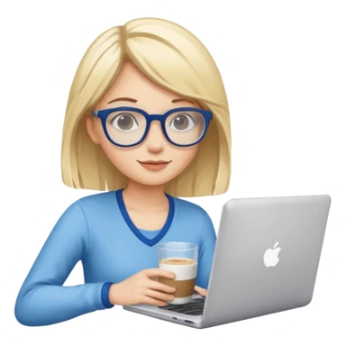 A girl with blonde hair and blue hair wearing glasses holds a laptop and a glass of coffee sticker