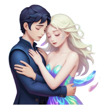 Two lovers surrounded by collapsing magic light, tragic dark fantasy romance sticker