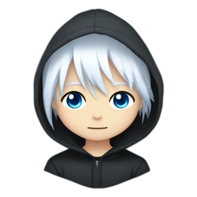 emote for a boy with head and shoulders only, chibi anime style, long straight white hair, blue eyes, black hoodie, sad sticker