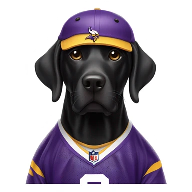 Black lab dog wearing a Minnesota Vikings jersey sticker