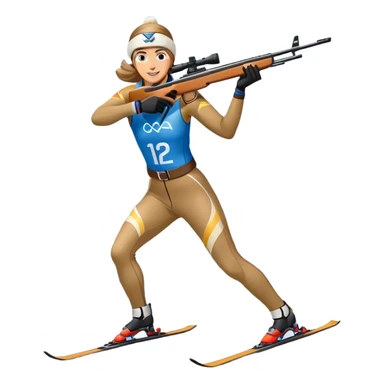 An icon showing a biathlete skiing on a snow-covered Olympic track with a rifle on their back. Cheering fans fill the stands. Majestic mountains, snowy trees, and a bright blue sky complete the scenic winter landscape. Transparent background captures the spirit of biathlon. sticker