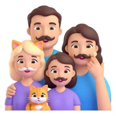 a family of three (mom, dad with mustache, daughter) with three cats, all together, friendly 3D emoji style sticker