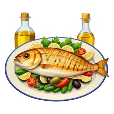 plate with fish, vegetables, and olive oil bottle sticker