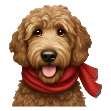 A very dark brown golden doodle with long fur wearing a red scarf sticker