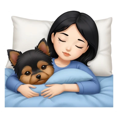 pretty asian girl with black hair sleeping in bed with small yorkshire terrier sticker