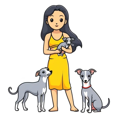 Slim Chinese woman with long black hair in beach attire at the beach with her Italian greyhound that is COMPLETELY solid grey, with absolutely NO white markings on face, snout, or anywhere else, single uniform grey color throughout entire dog body sticker