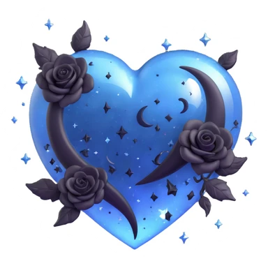 3D emoji gothic heart, midnight blue glass, silver crescent moon, tiny black roses, shimmering stardust, lightning bolt effect, rain-soaked look, cracked glass texture sticker