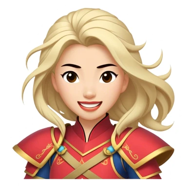 Cinematic Playful Mulan Portrait Emoji, Mid-laugh with a strand of hair falling over her face, adjusting her armor, eyes full of adventure, exuding an irresistible mix of beauty and fun, the perfect blend of warrior and princess! sticker