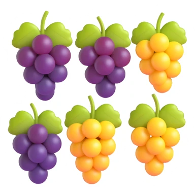 three bunches of grapes in 3D emoji style, dark purple, light yellow, and light red grapes side by side, each bunch with grape leaves, realistic and fresh appearance, no background sticker