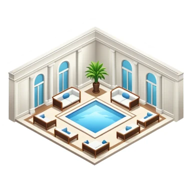Sleek white luxury hotel resort lobby, isometric  sticker