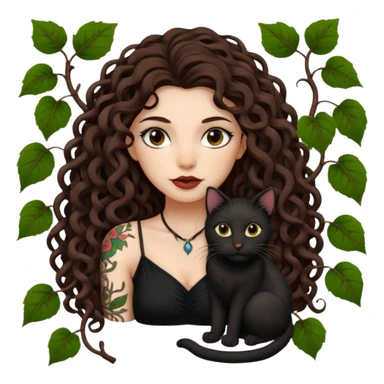 woman with long curly brown hair, brown eyes, white skin, tattoos, black cat tangled in living vines sticker