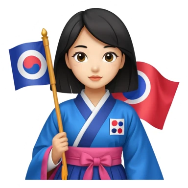 black hair girl with colorful hanbok holding south korea flag with white background sticker