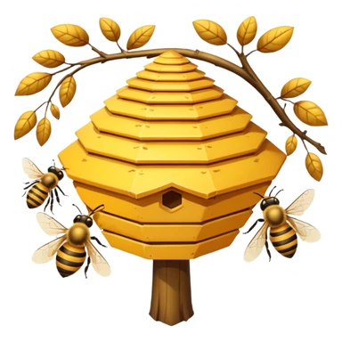 A small hive nestled between tree branches with worker bees. sticker