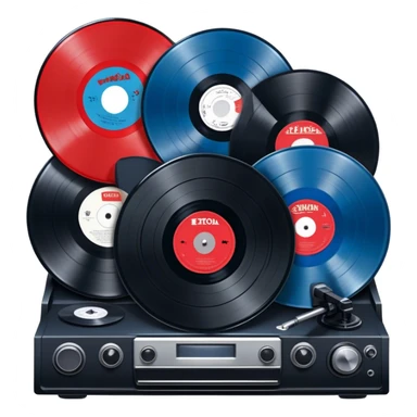 Icon for Vinyl Record Collecting: large black? red and blue vinyl records in decorative packaging featuring artist images, neatly arranged on a wall or shelf, vinyl record player. The icon should reflect the aesthetic and artistic aspect of collecting vinyl records. Transparent background. sticker