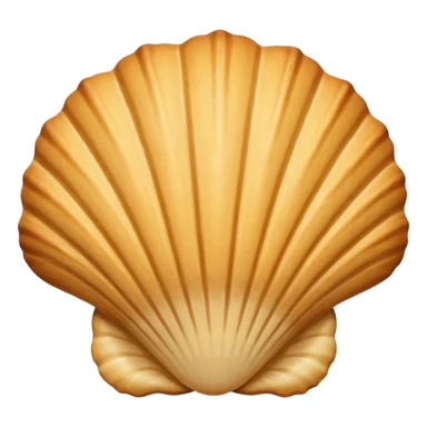 A madeleine pastry. Scalloped seashell shape with ONLY four to five vertical lines going in the same direction. Light golden brown. Scalloped edge. Cookie. Flat. Long. Oval shape sticker