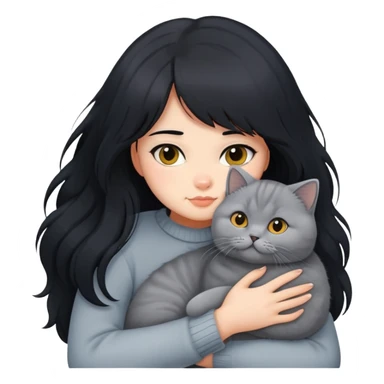A girl with long black  hair tightly hugged a british shorthair sticker