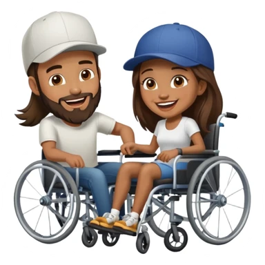 Tan skinned man with a beard and fitted cap in a wheelchair and a brown skinned woman with long dark hair in a wheelchair laughing  sticker