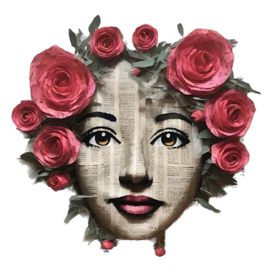 Person face portrait made entirely of newspaper cuttings and roses sticker