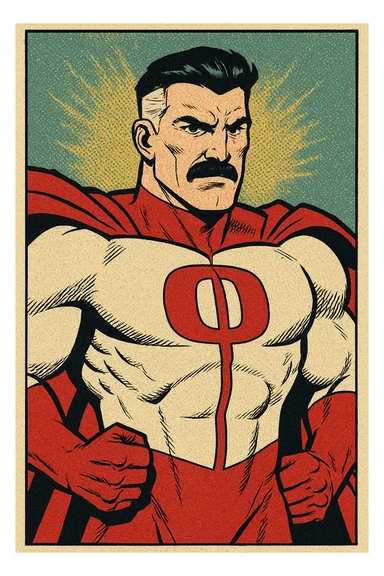 Omni-Man superhero character, muscular build, red and white suit, mustache, stern expression, comic book style sticker