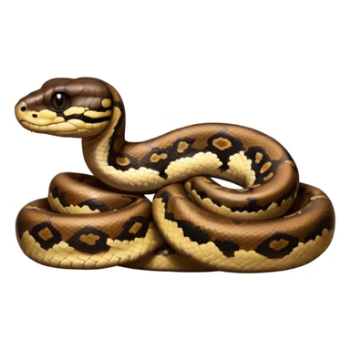 A photo-realistic digital illustration of a Ball Python, chest upward, with a short, rounded head, thick body, and a calm, curious expression. It has a warm brown base color with irregular dark blotches shaped like “alien heads,” and matte-textured scales that emphasize its small, stocky form. sticker