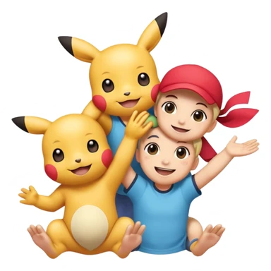 Three Pokémon characters working together as friends — bright, cheerful, and playful. They are helping each other: one is lifting another up, another is offering a hand, and they are all smiling. The style is colorful, cute, and cartoon-like, with a joyful background. sticker