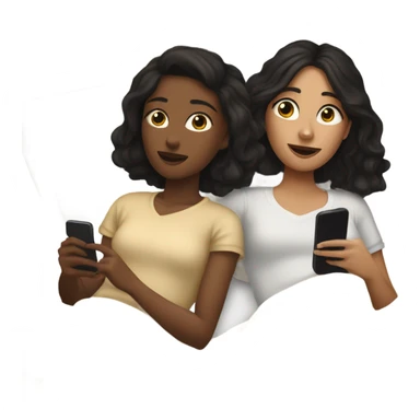 girl with  brown hair and girl with black hair on their phones laying in a bed with a beige comforter  sticker