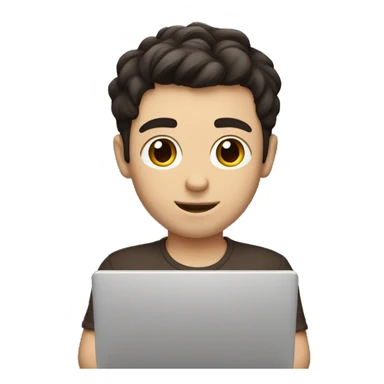 White boy, dark hair, brown eyes, mid split haircut. Developer holding a laptop. sticker