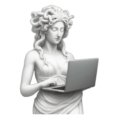 white statue of Medusa Gorgo with laptop sticker