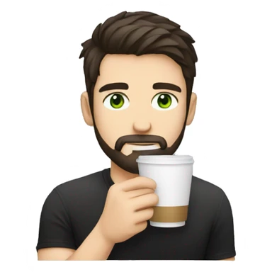Handsome man with dark hair, holding an cup of coffee, gradient short hair on the side, green eyes. Thin face. Black t-shirt. A little beard. sticker