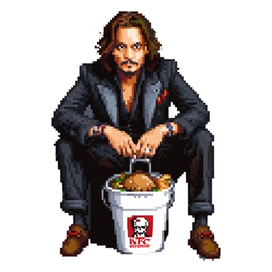Johnny Depp sitting in a KFC bucket, long hair, goatee sticker