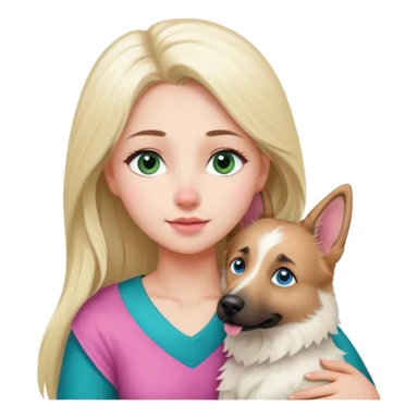White European young woman with blue-green eyes and long blond hair with her white German Shepherd dog,the Dog hast a pink nose and short fur  and Brown eyes sticker