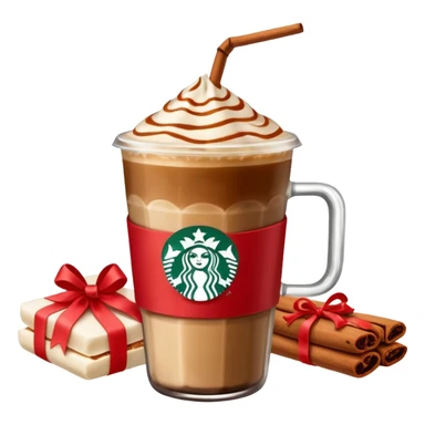 Starbucks iced espresso with milk and the cup has red ribbons printed on it. There is a bottle of cinnamon dolce syrup next to it  sticker