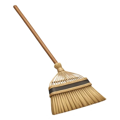 traditional broom with wooden handle cleaning dust from a carpet, straw bristles sweeping visible dust particles, vintage household cleaning tool, simple retro style, 3D cartoon, mobile game icon style, centered composition, clean background, no people, no animals, no text, no watermark sticker