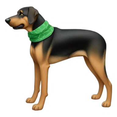 75% Coonhound 25% German Shepherd mix dog wearing small plain green bandana side view full body in profile left facing sticker