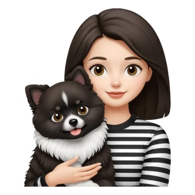 an brunette hair girl holding her black and white pomeranian dog that has white middle part in the face kinda looks like a panda sticker