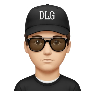Emoji of a white man with short dark brown hair under a black baseball cap, wearing a black t‑shirt and 1980s‑style black Ray‑Ban rectangle sunglasses black lenses, with black musical notes floating around his head,  word "DLG" written on the hat sticker