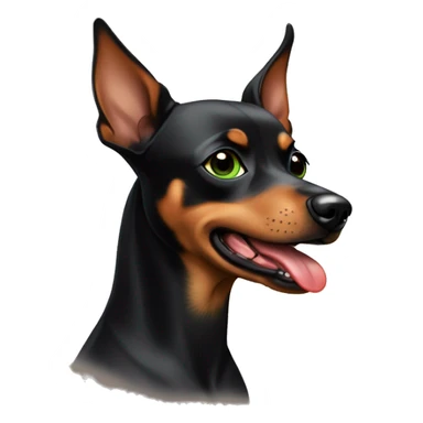 A girl with dark short square hair, green eyes and red lips with a brown Zwing Pinscher dog with a black gradient on her back with her tongue sticking out sticker