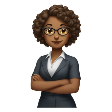 Brown girl with curly brown hair wearing glasses and arms folded, smiling, wearing professional dress sticker