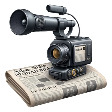 An icon featuring a microphone, a newspaper, a professional camera Nikon D5, representing journalism and mass media. The design includes headlines and imagery, symbolizing the spread of news and information. Transparent background highlights the power of communication and media. sticker
