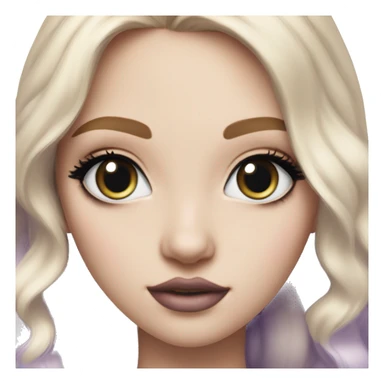 Create emojis like apple, Light girl with a blue iris, big eyes, light blond hair, pale skin, like a porcelain doll, medium nose, thick eyebrows, small lips

Makeup, eye makeup with colored eyeliner - purple

Long black eyelashes sticker