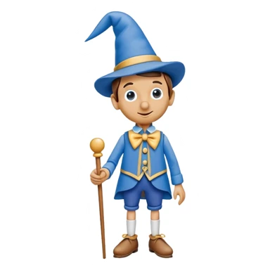 Wooden puppet Pinocchio with a long nose, wearing blue clothes and a pointed hat sticker