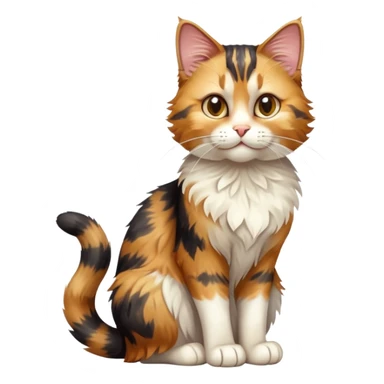 cinematic-[calico tabby cat]-realistic-full-body-sitting-emoji,-tail-curled-playfully-around-its-paws,-head-tilted-dramatically,-scruffy-[calico]-fur,-simplified-yet-realistic-focused-features,-highly-detailed,-glowing-with-an-almost-sarcastic-glow sticker